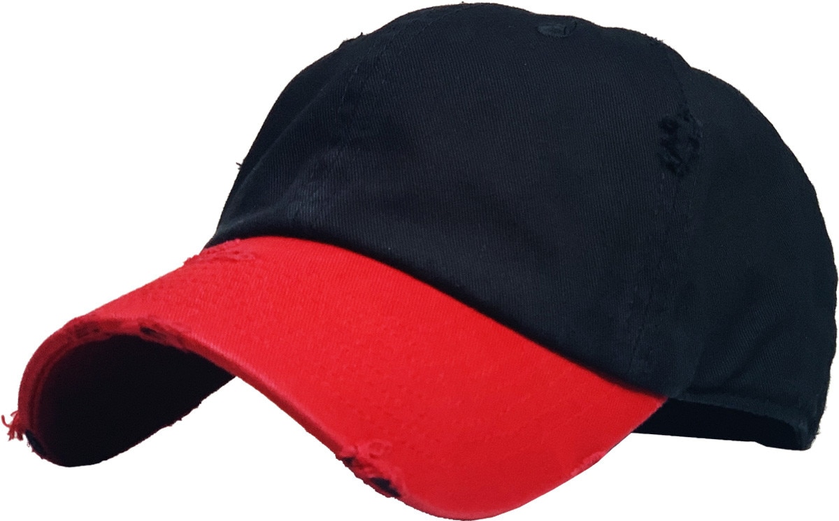 Black Red Two Tone Distressed Vintage Baseball Cap Front Side View